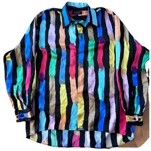 Mens Vintage Genelli 100% Silk Multi Rainbow Black Stripe Shirt Size M